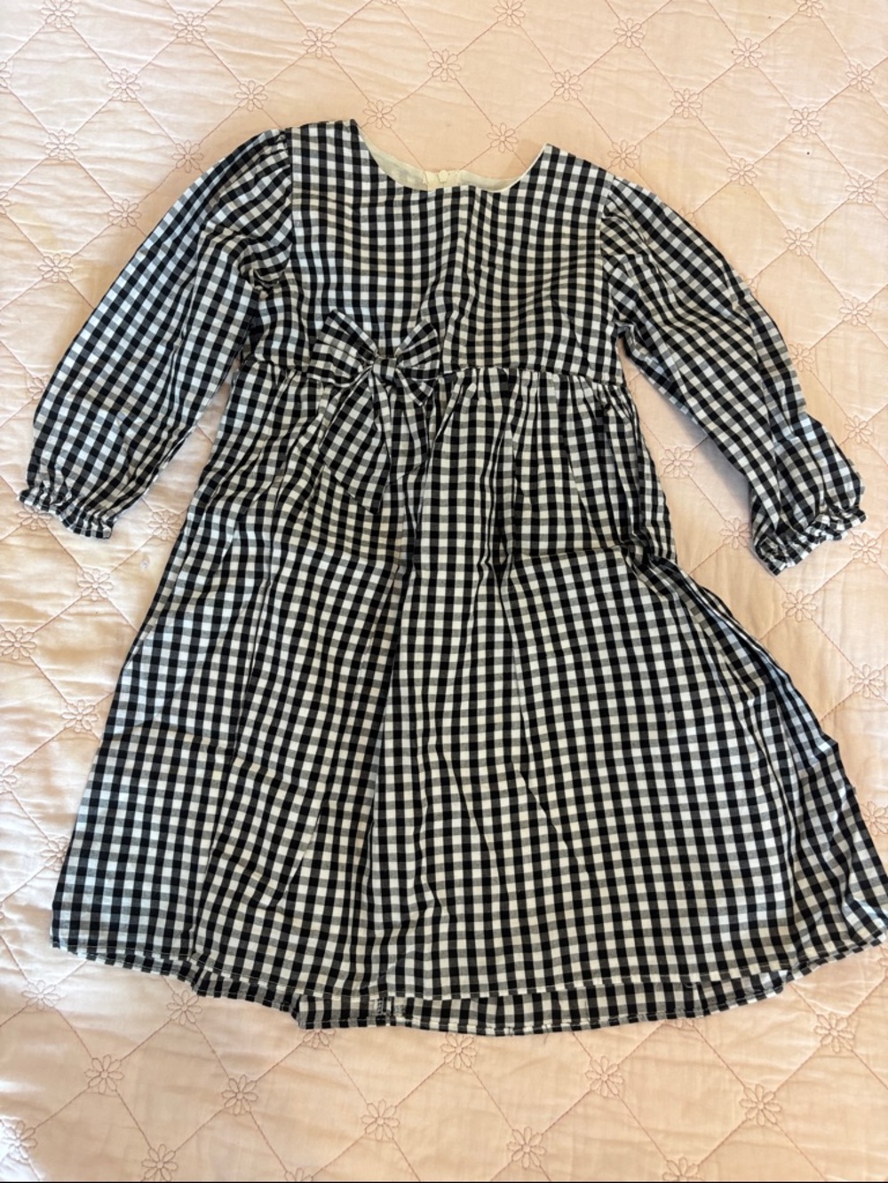 Popatu Black & White Gingham Bow-Front Long Sleeve Dress